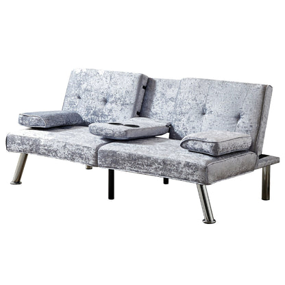 Canapé-lit futon en velours gris avec porte-gobelets