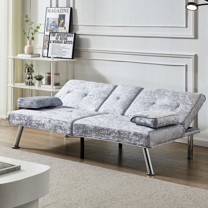 Canapé-lit futon en velours gris avec porte-gobelets