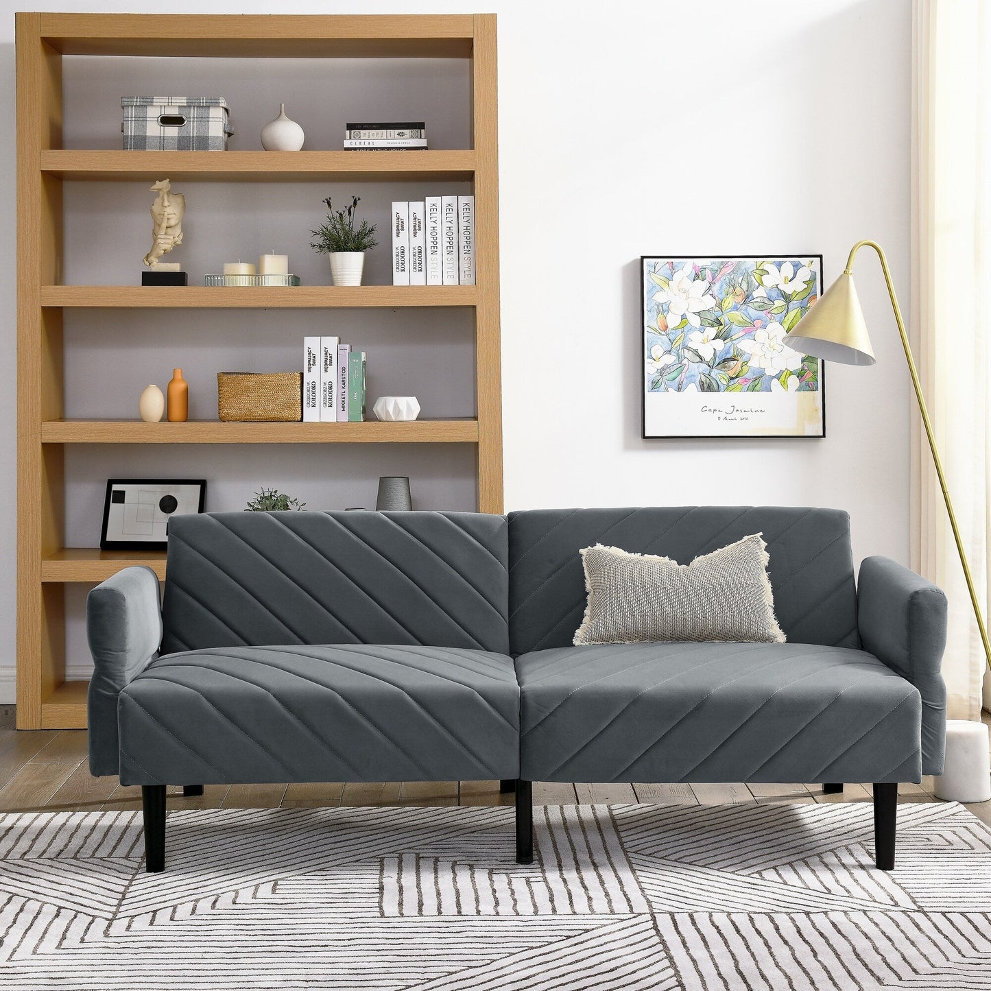 Canapé-lit futon convertible capitonné en velours gris