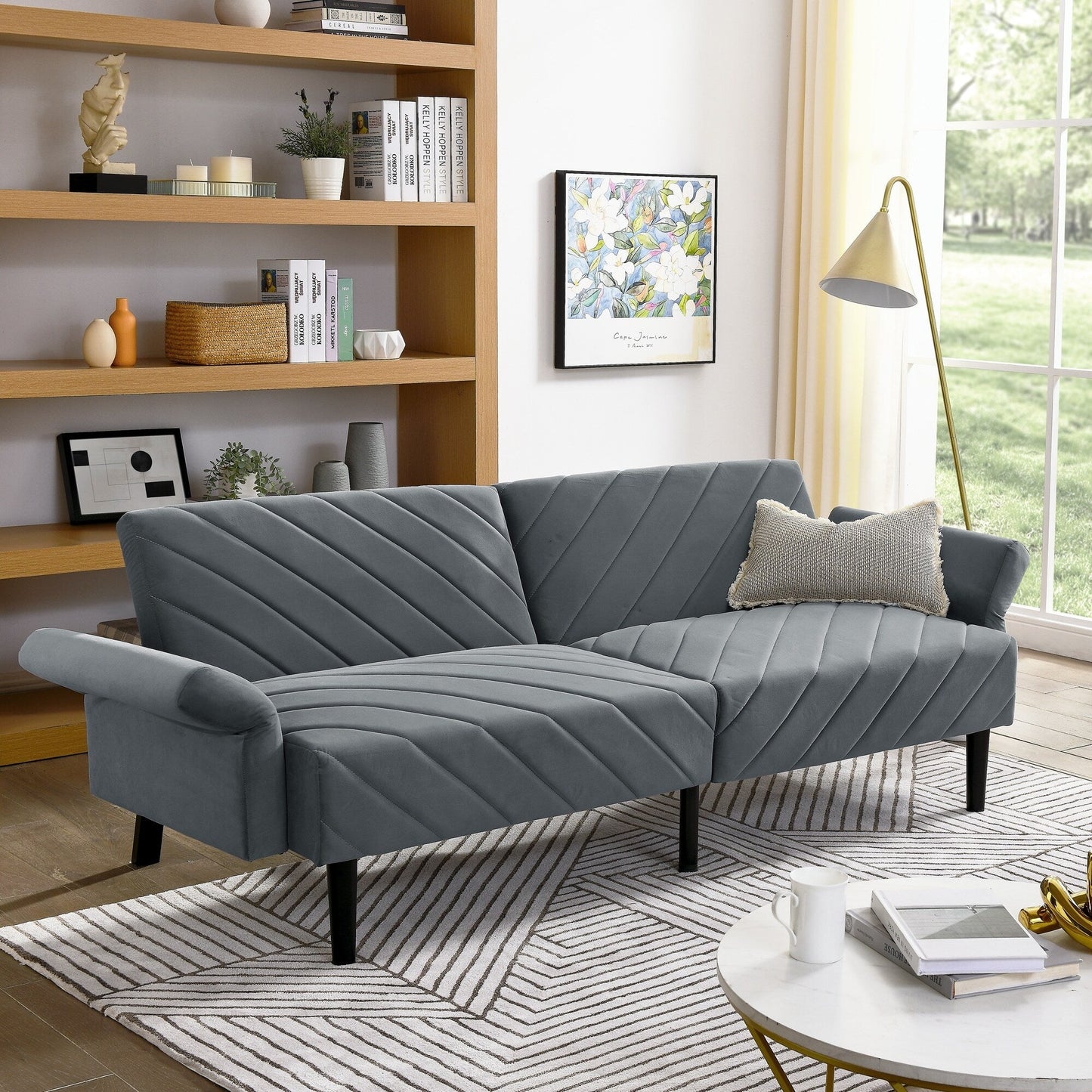 Canapé-lit futon convertible capitonné en velours gris