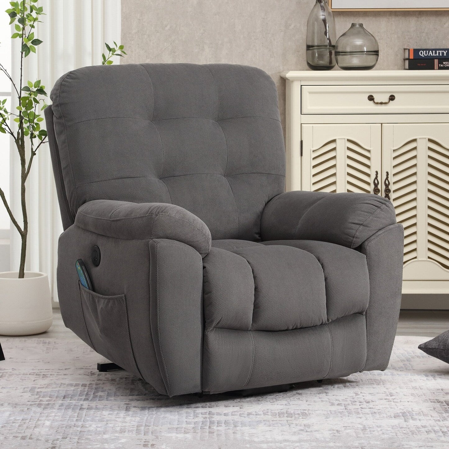 Fauteuil inclinable de massage vibrant gris avec chauffage, port USB, porte-gobelets dissimulés et poches latérales, options d'inclinaison réglables