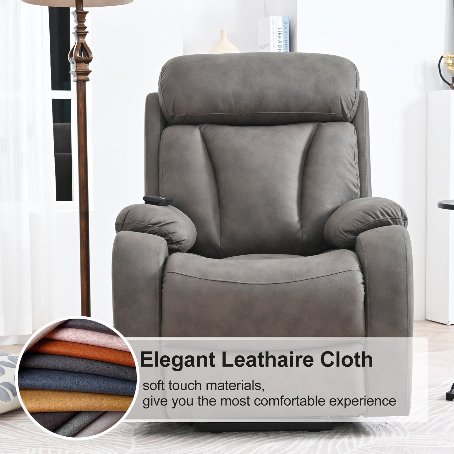 Fauteuil inclinable électrique gris à siège large pour personnes âgées avec télécommande, poche latérale et options d'inclinaison réglables