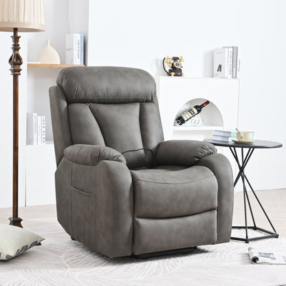 Fauteuil inclinable électrique gris à siège large pour personnes âgées avec télécommande, poche latérale et options d'inclinaison réglables