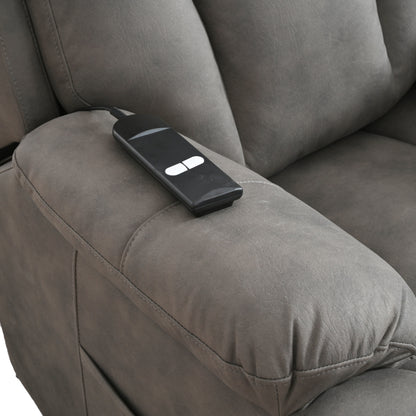 Fauteuil inclinable électrique gris à siège large pour personnes âgées avec télécommande, poche latérale et options d'inclinaison réglables