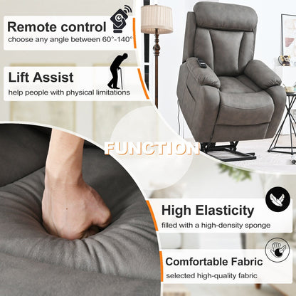 Fauteuil inclinable électrique gris à siège large pour personnes âgées avec télécommande, poche latérale et options d'inclinaison réglables