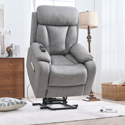 Fauteuil inclinable électrique gris à siège large pour personnes âgées avec télécommande, poche latérale et options d'inclinaison réglables