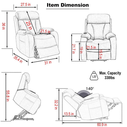 Fauteuil inclinable électrique gris à siège large pour personnes âgées avec télécommande, poche latérale et options d'inclinaison réglables