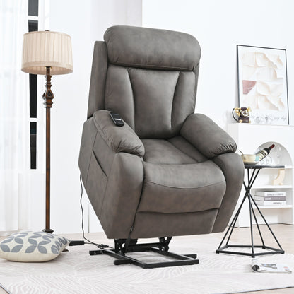 Fauteuil inclinable électrique gris à siège large pour personnes âgées avec télécommande, poche latérale et options d'inclinaison réglables