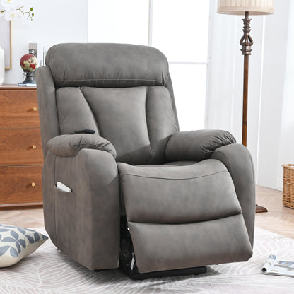 Fauteuil inclinable électrique gris à siège large pour personnes âgées avec télécommande, poche latérale et options d'inclinaison réglables