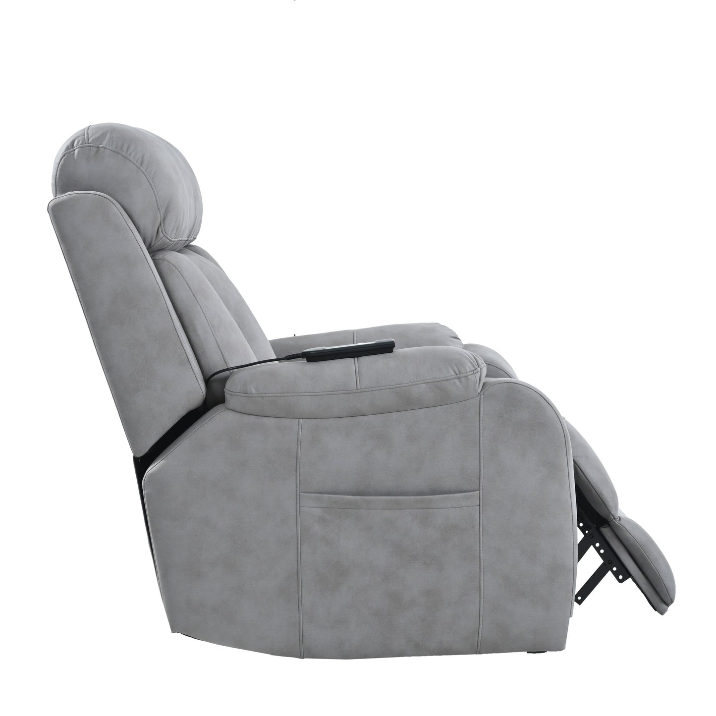 Fauteuil inclinable électrique gris à siège large avec télécommande, poche latérale et fonctions d'inclinaison réglables