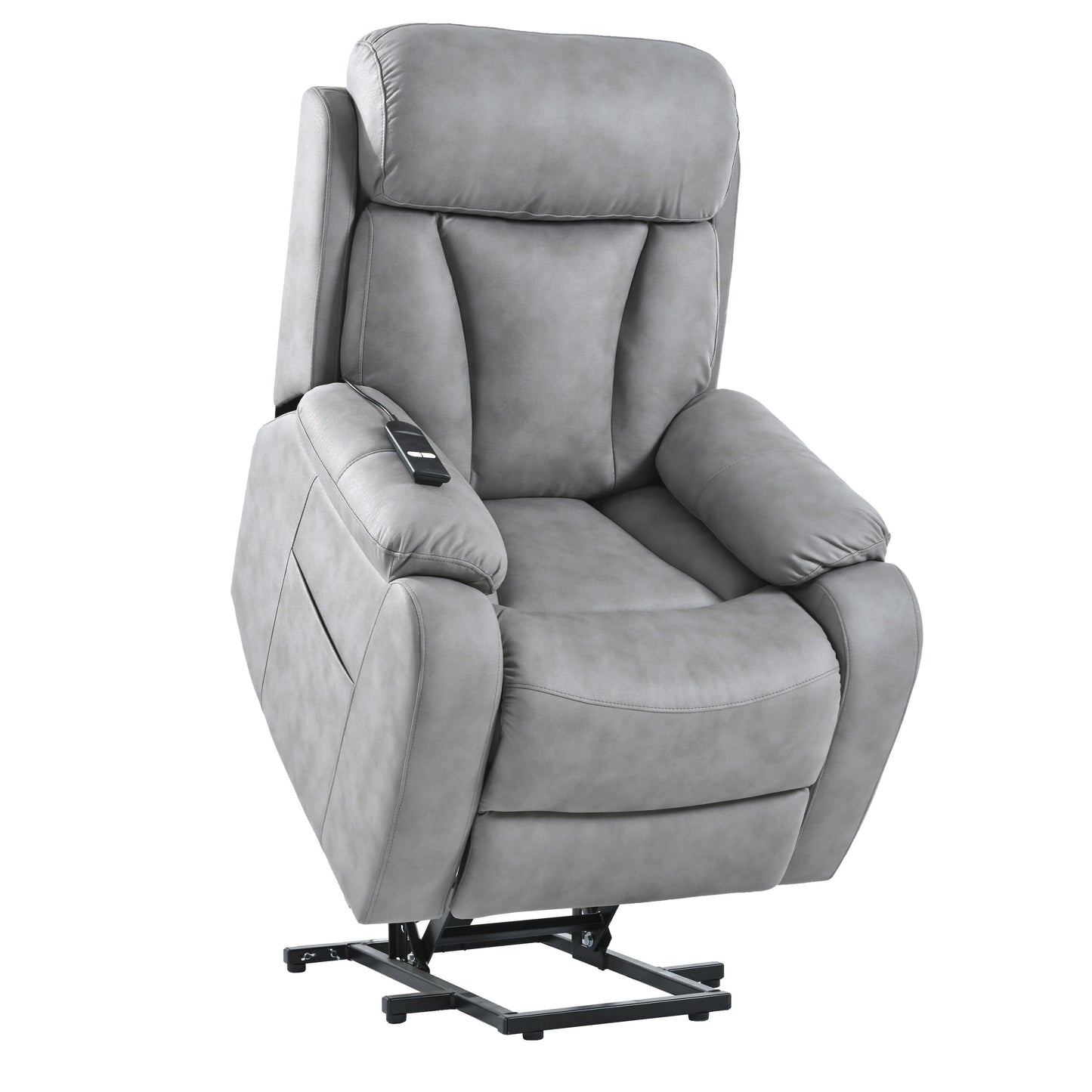 Fauteuil inclinable électrique gris à siège large avec télécommande, poche latérale et fonctions d'inclinaison réglables