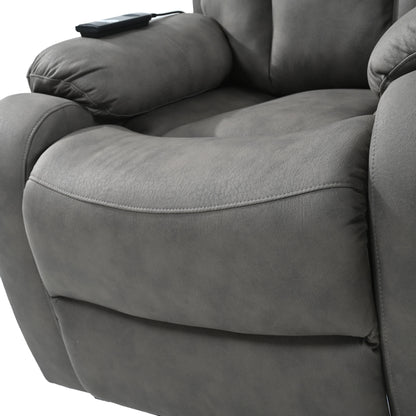 Fauteuil inclinable électrique gris à siège large avec télécommande, poche latérale et fonctions d'inclinaison réglables