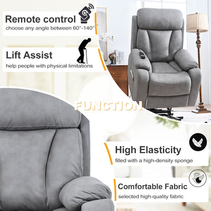 Fauteuil inclinable électrique gris à siège large avec télécommande, poche latérale et fonctions d'inclinaison réglables