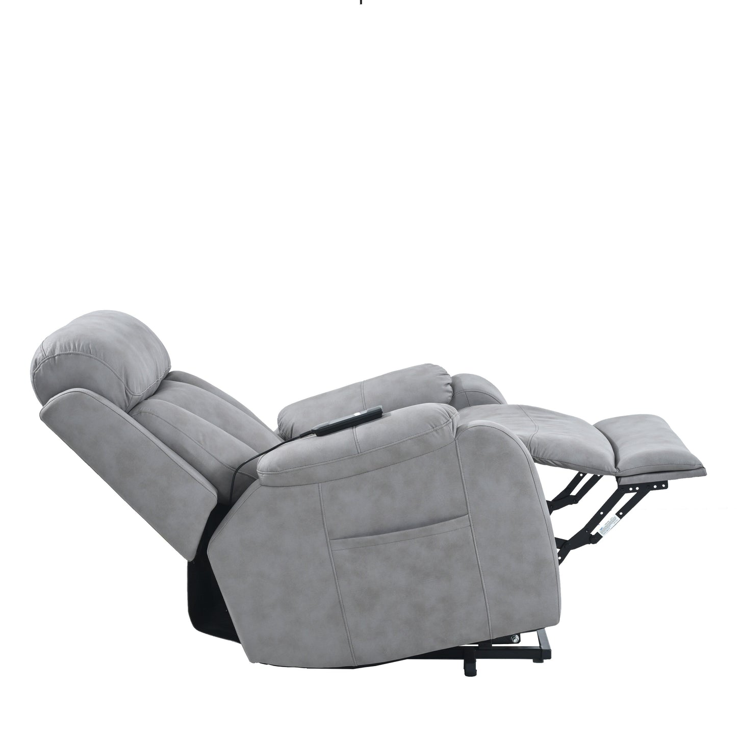 Fauteuil inclinable électrique gris à siège large avec télécommande, poche latérale et fonctions d'inclinaison réglables