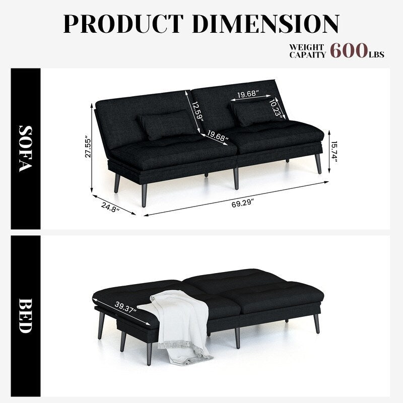 Canapé-lit futon convertible Grondin, dossier réglable sur 5 angles avec 2 oreillers, fauteuil inclinable de style moderne