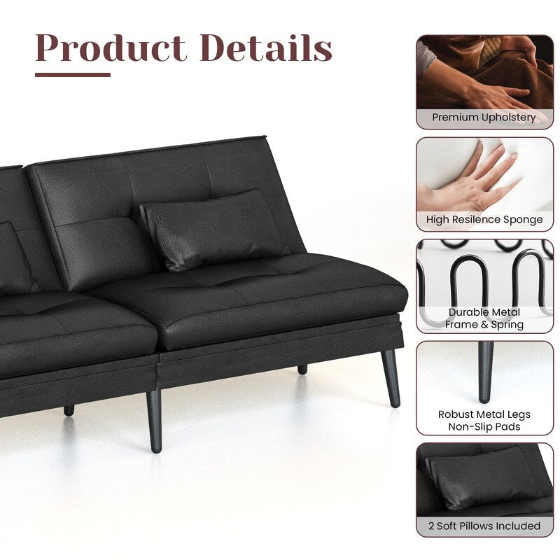 Canapé-lit futon convertible Grondin, dossier réglable sur 5 angles avec 2 oreillers, fauteuil inclinable de style moderne