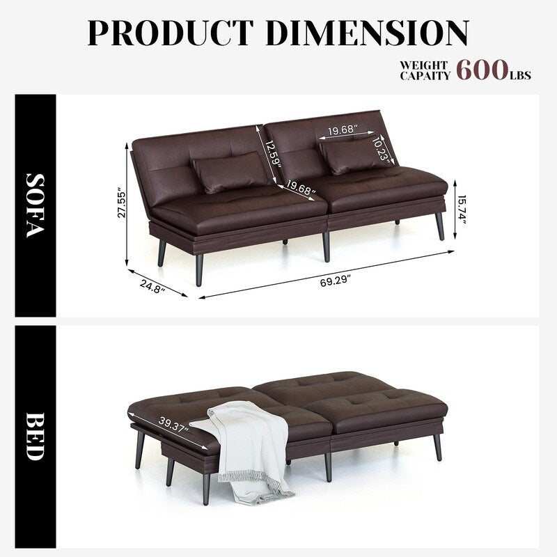 Canapé-lit futon convertible Grondin, dossier réglable sur 5 angles avec 2 oreillers, fauteuil inclinable de style moderne
