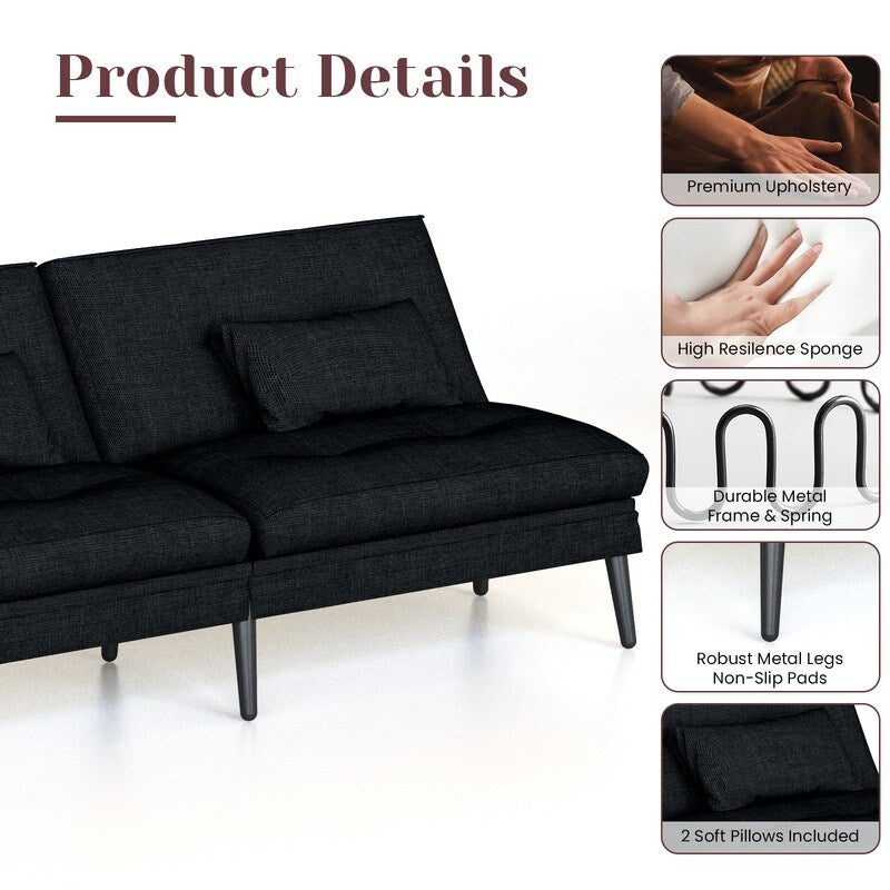 Canapé-lit futon convertible Grondin, dossier réglable sur 5 angles avec 2 oreillers, fauteuil inclinable de style moderne