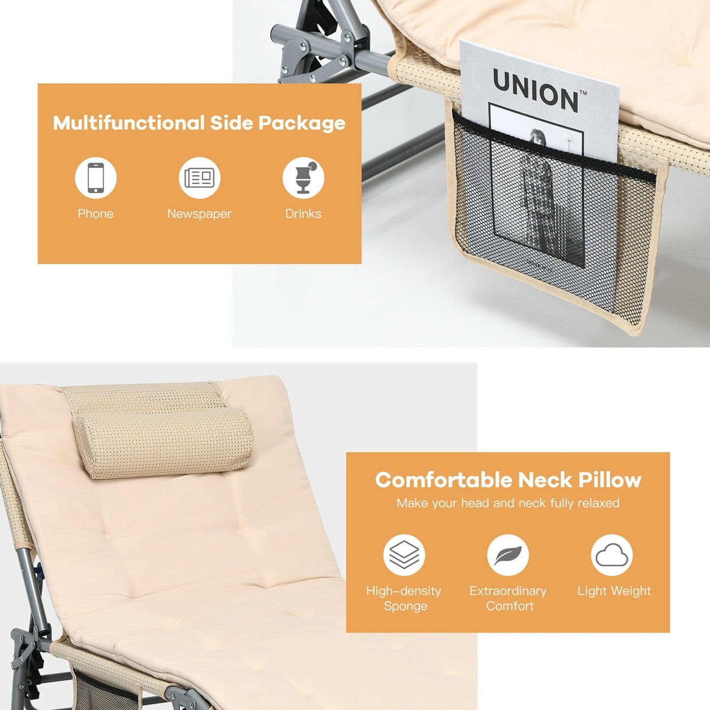 Chaise longue inclinable rembourrée surdimensionnée Gymax 4 plis