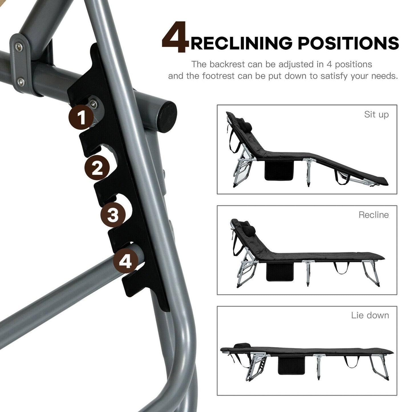 Chaise longue inclinable rembourrée surdimensionnée Gymax 4 plis