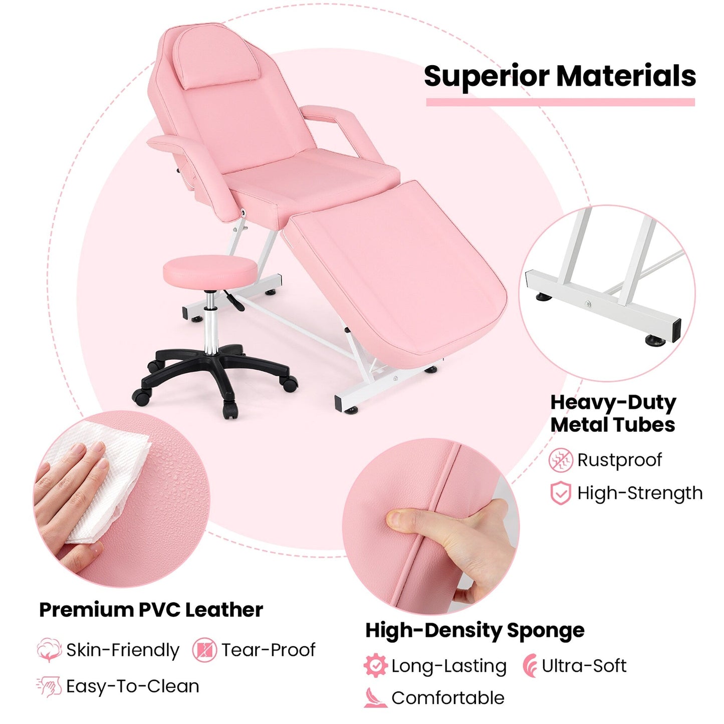 Chaise faciale Gymax 73'' avec tabouret hydraulique, dossier réglable et