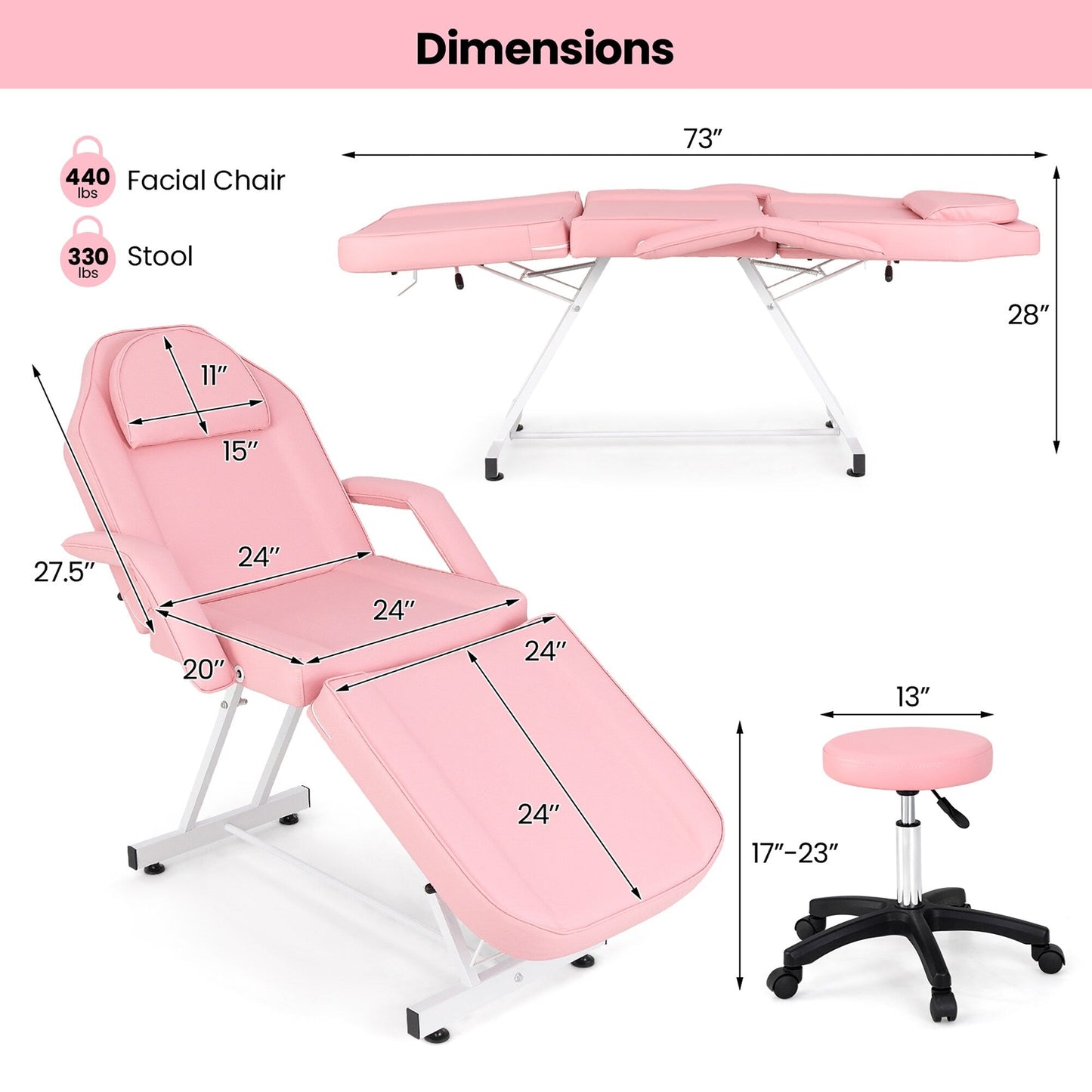 Chaise faciale Gymax 73'' avec tabouret hydraulique, dossier réglable et