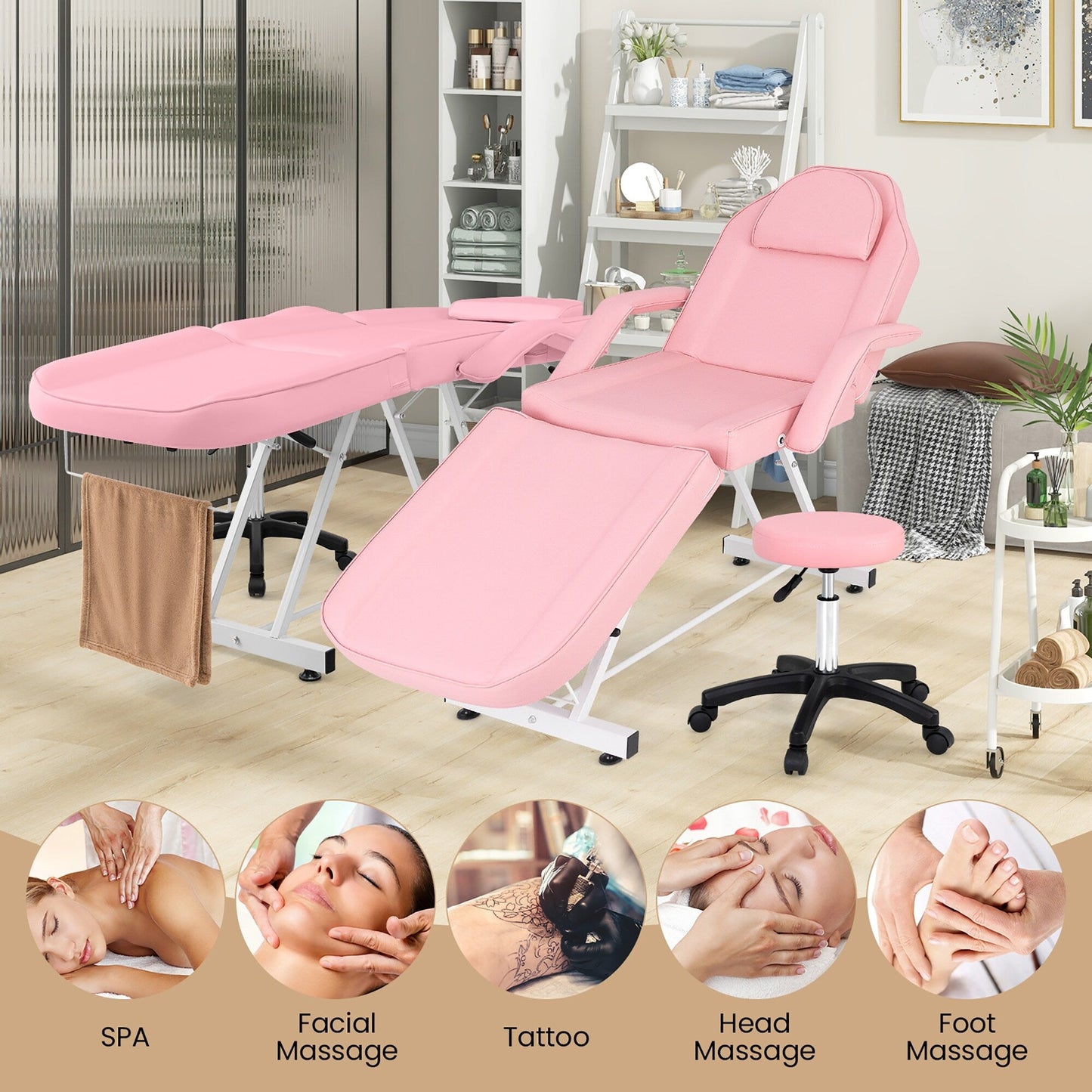 Chaise faciale Gymax 73'' avec tabouret hydraulique, dossier réglable et