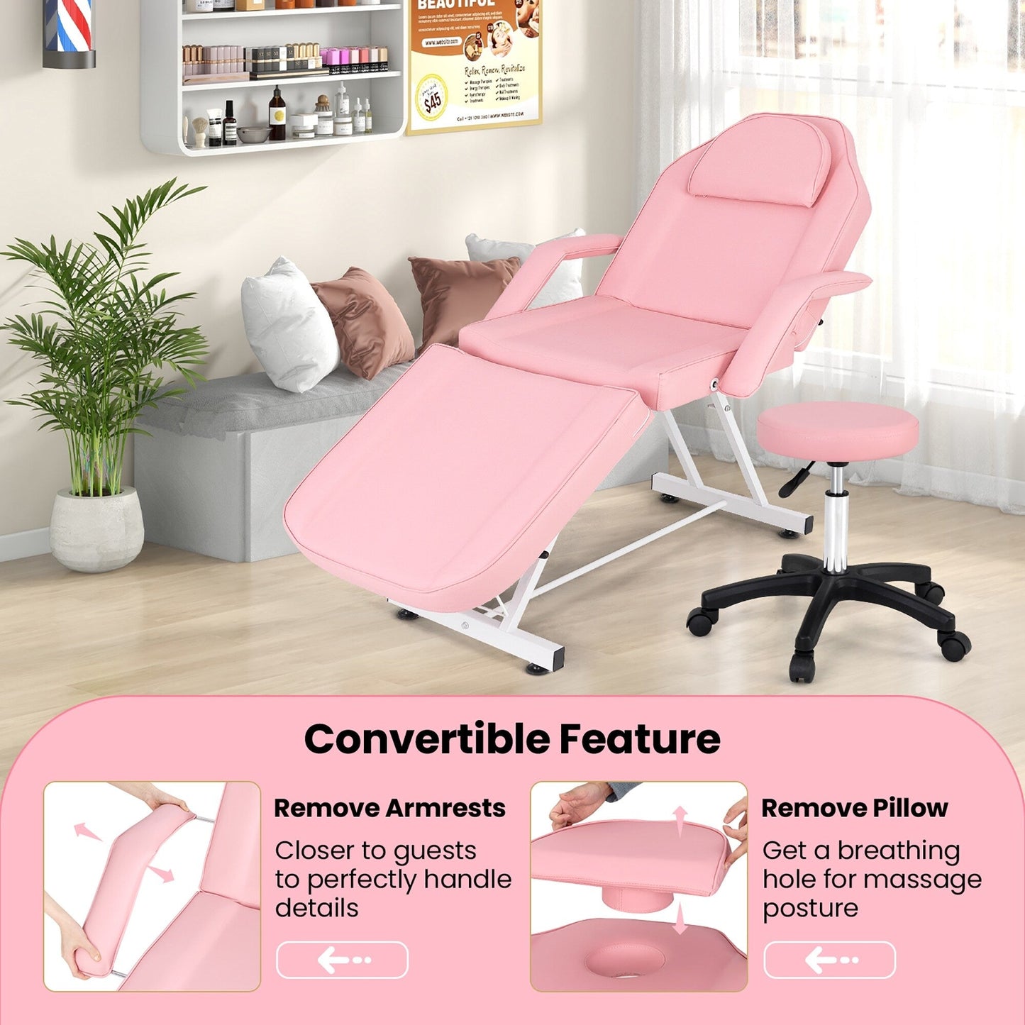 Chaise faciale Gymax 73'' avec tabouret hydraulique, dossier réglable et