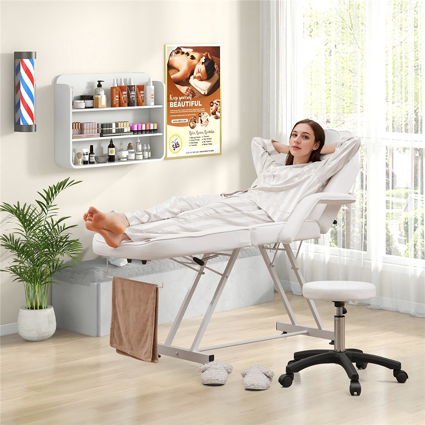 Chaise faciale Gymax 73'' avec tabouret hydraulique avec accoudoirs amovibles et