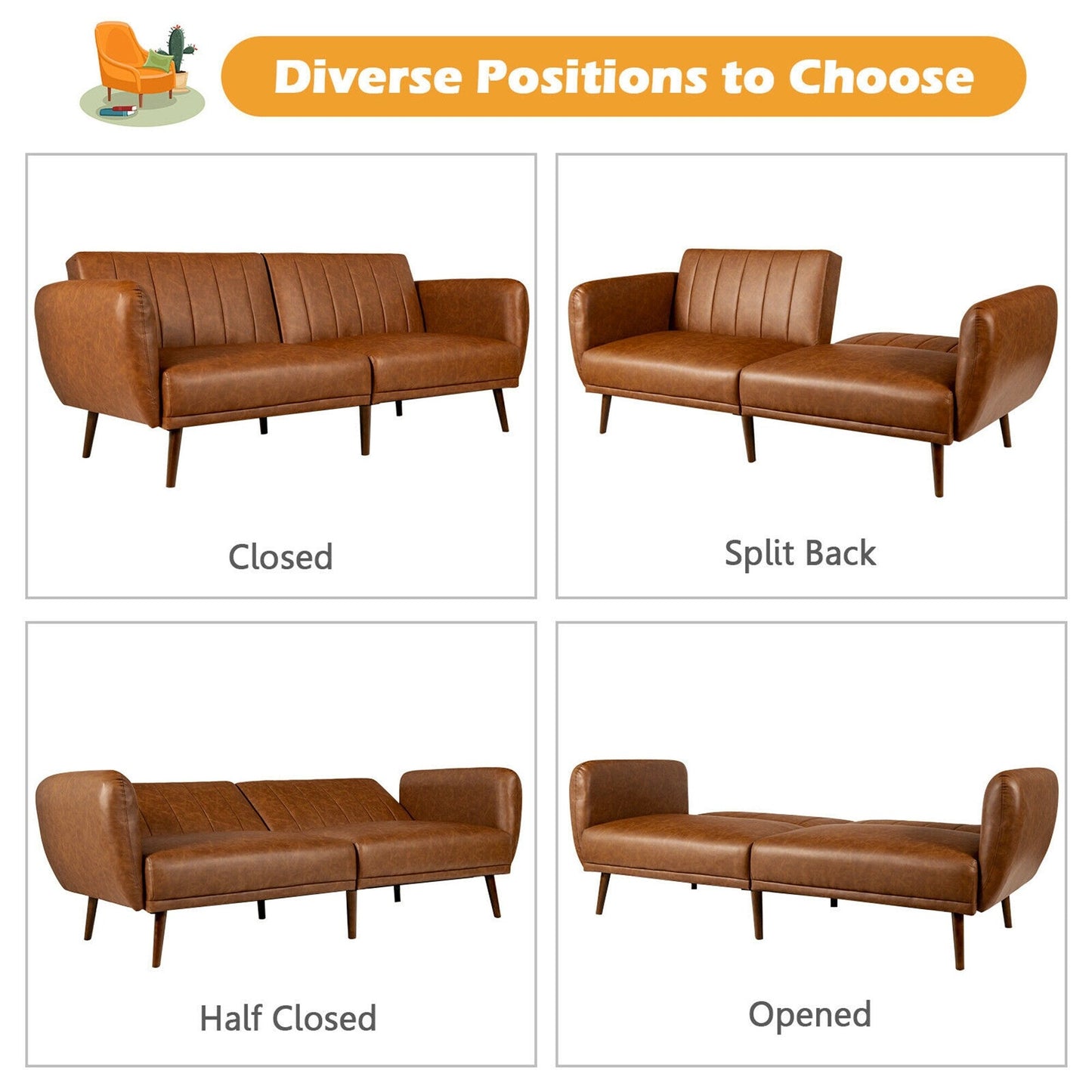 Canapé-lit futon convertible Gymax en polyuréthane réglable avec bois