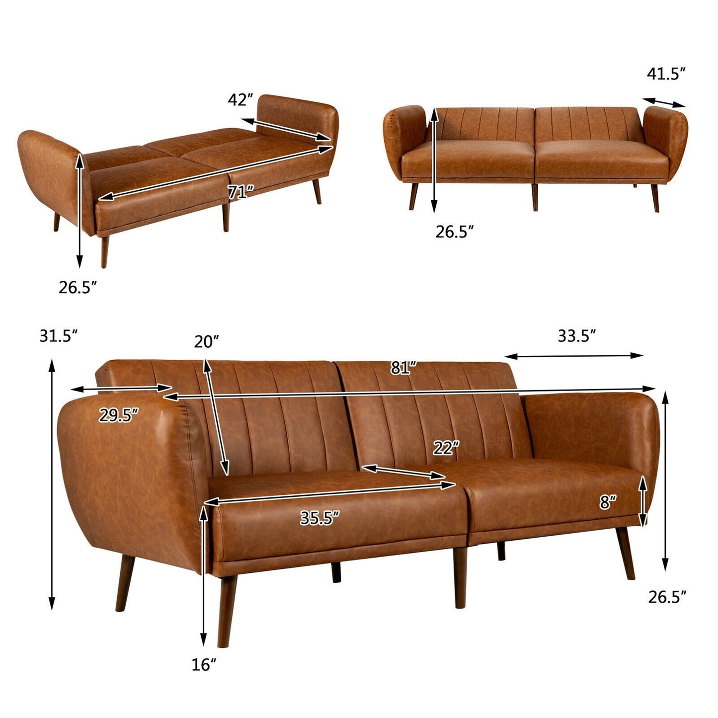 Canapé-lit futon convertible Gymax en polyuréthane réglable avec bois