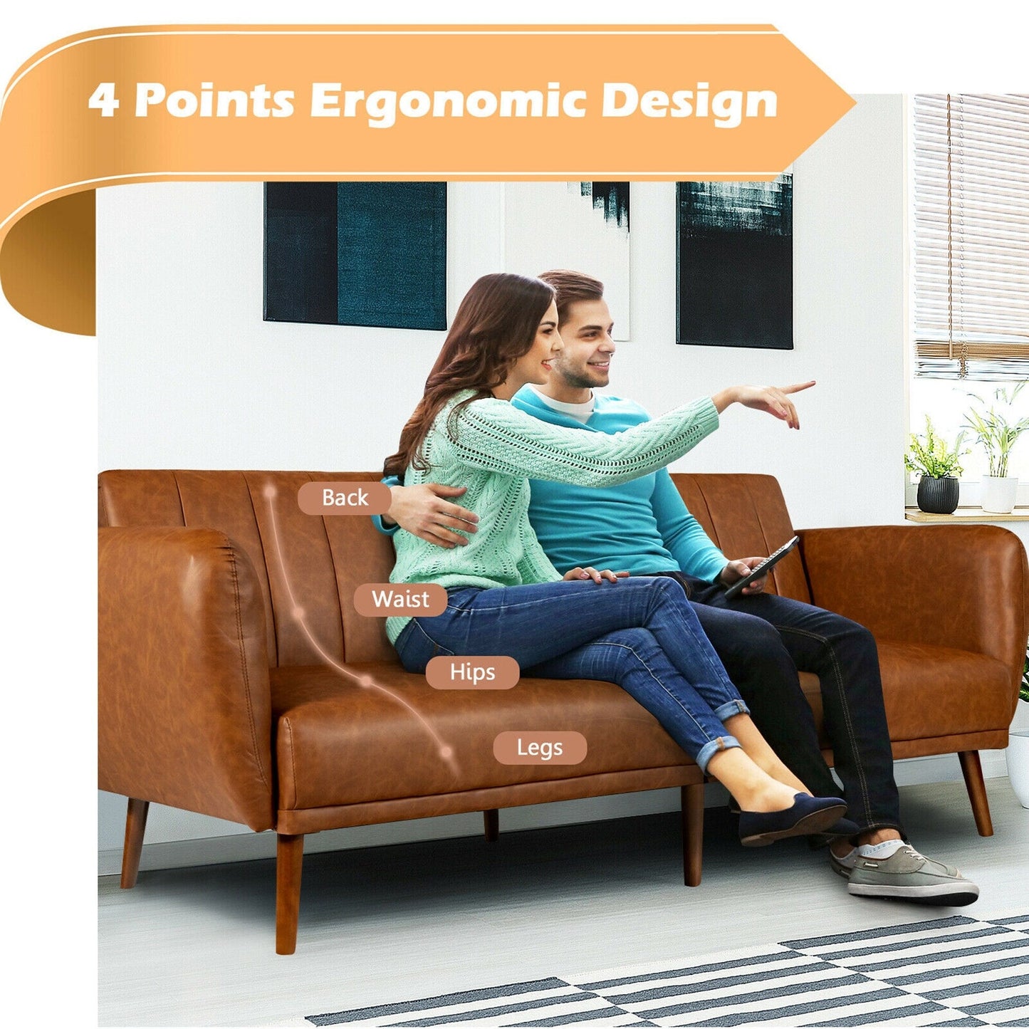 Canapé-lit futon convertible Gymax en polyuréthane réglable avec bois