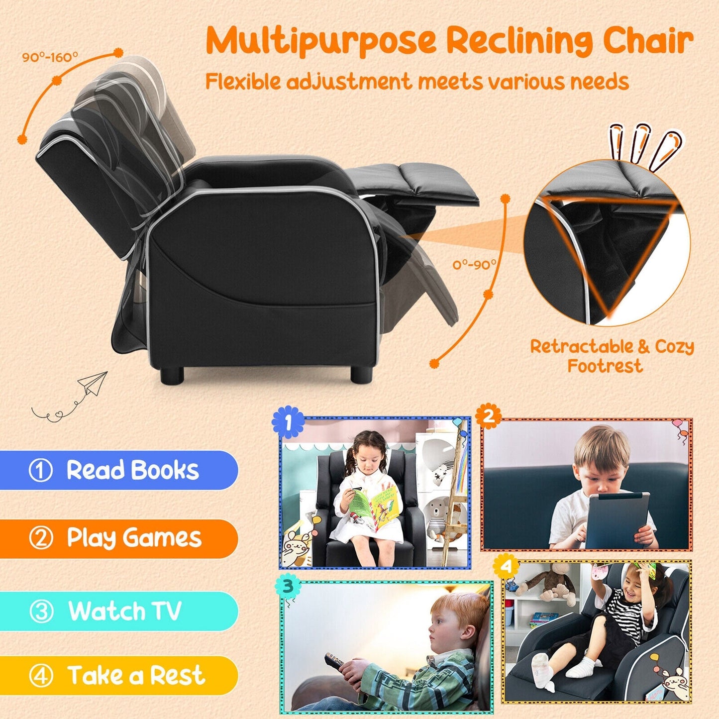Fauteuil inclinable ergonomique en cuir pour enfants Gymax avec repose-pieds