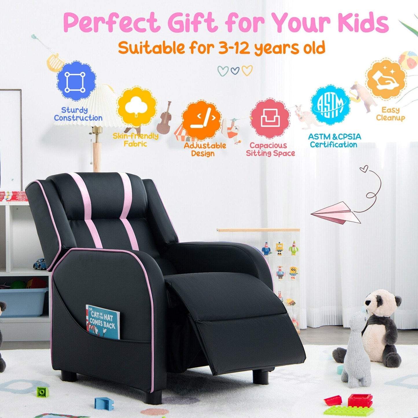 Fauteuil inclinable ergonomique en cuir pour enfants Gymax avec repose-pieds