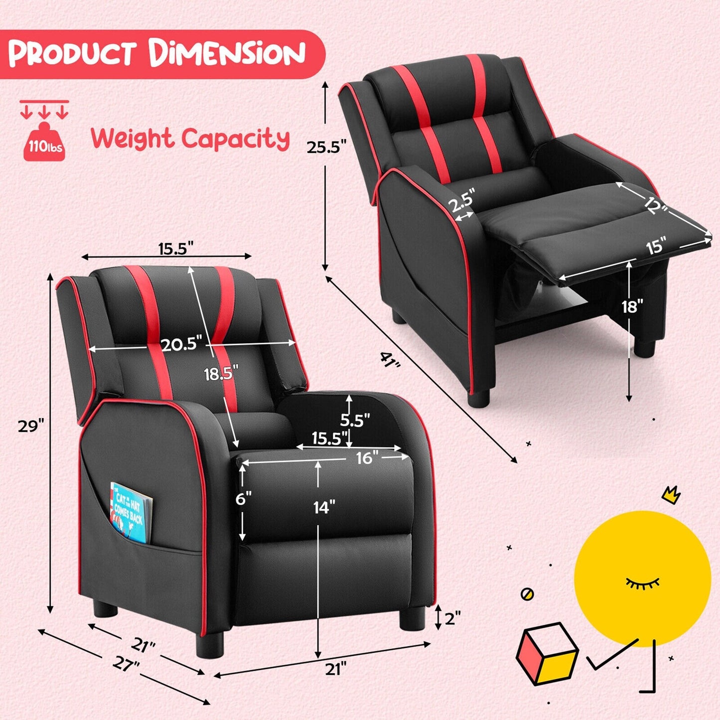 Fauteuil inclinable ergonomique en cuir pour enfants Gymax avec repose-pieds