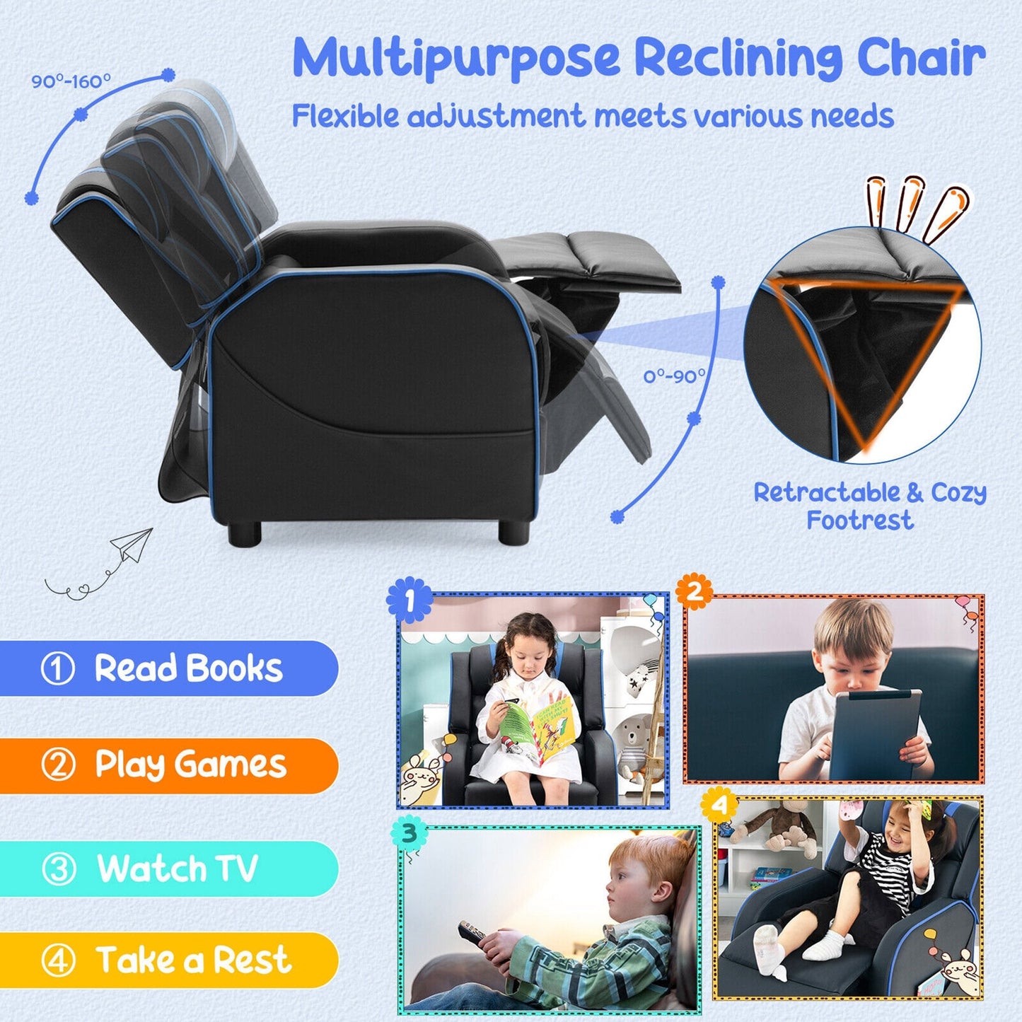 Fauteuil inclinable ergonomique en cuir pour enfants Gymax avec repose-pieds