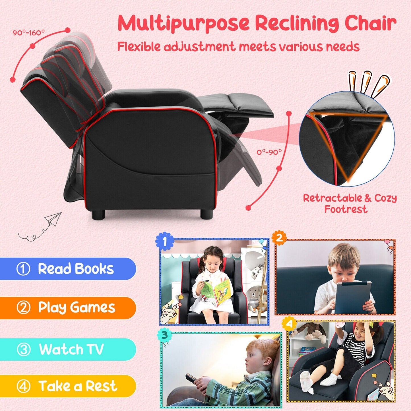 Fauteuil inclinable ergonomique en cuir pour enfants Gymax avec repose-pieds
