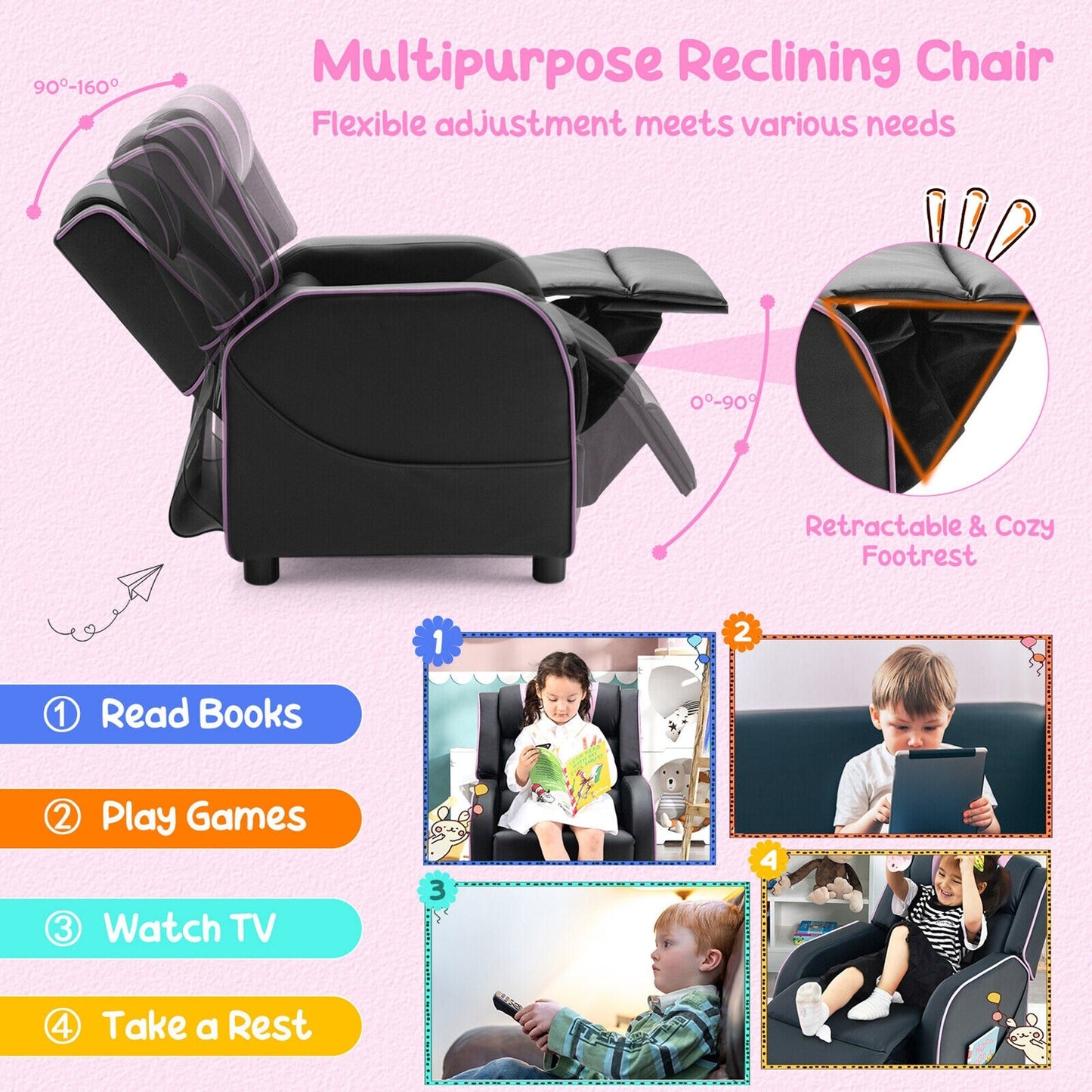 Fauteuil inclinable ergonomique en cuir pour enfants Gymax avec repose-pieds