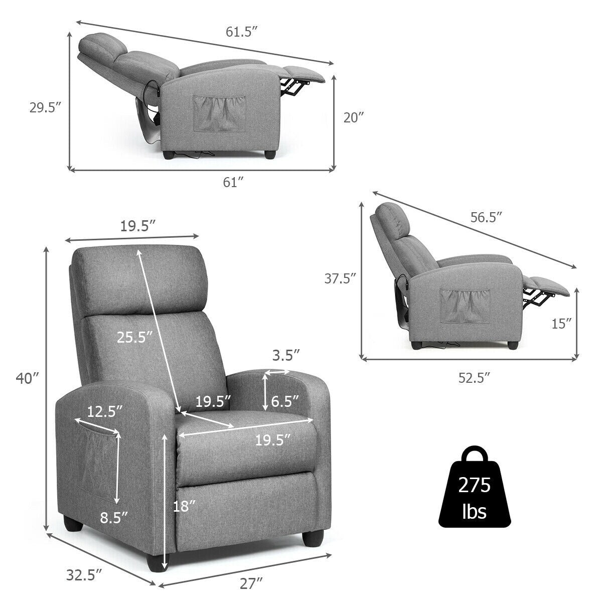 Fauteuil inclinable massant Gymax, canapé simple, siège rembourré avec repose-pieds
