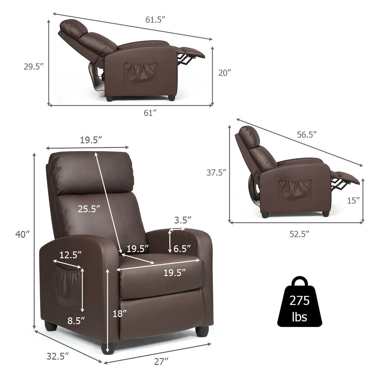 Fauteuil inclinable massant Gymax, canapé simple, siège rembourré avec repose-pieds