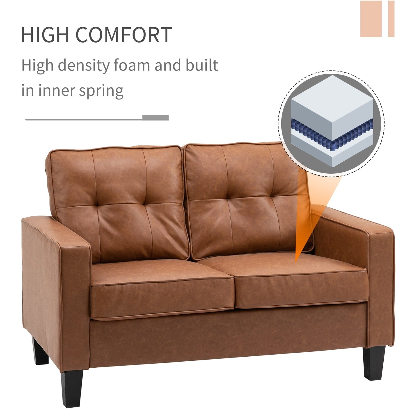 Canapé double HOMCOM 51 avec accoudoirs, 2 places, capitonné en similicuir et coussin rembourré en éponge à ressorts ensachés, marron