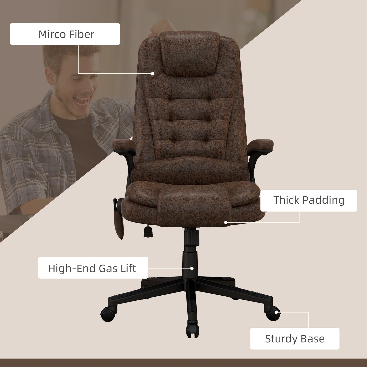 Fauteuil de bureau HOMCOM à massage vibrant 6 points avec chaleur, fauteuil de bureau exécutif à dossier haut en microfibre avec dossier inclinable