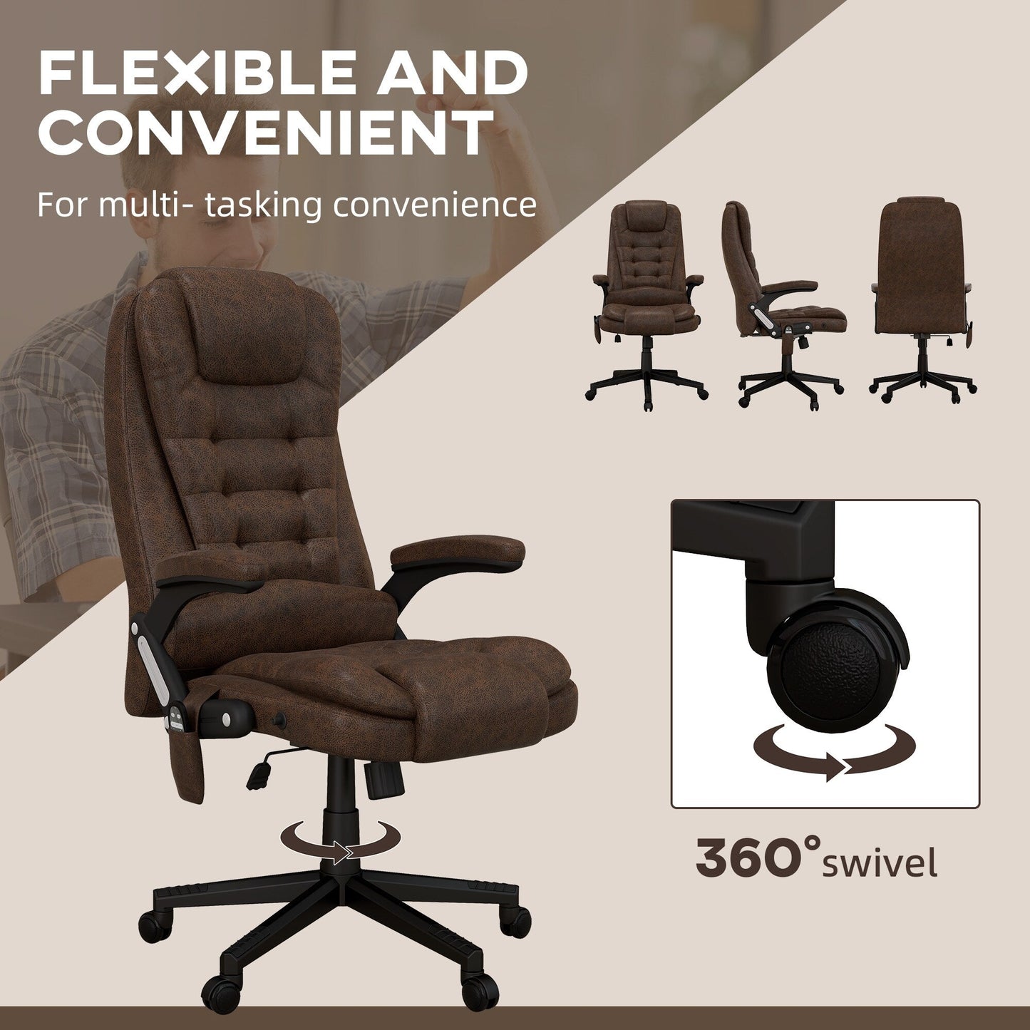 Fauteuil de bureau HOMCOM à massage vibrant 6 points avec chaleur, fauteuil de bureau exécutif à dossier haut en microfibre avec dossier inclinable