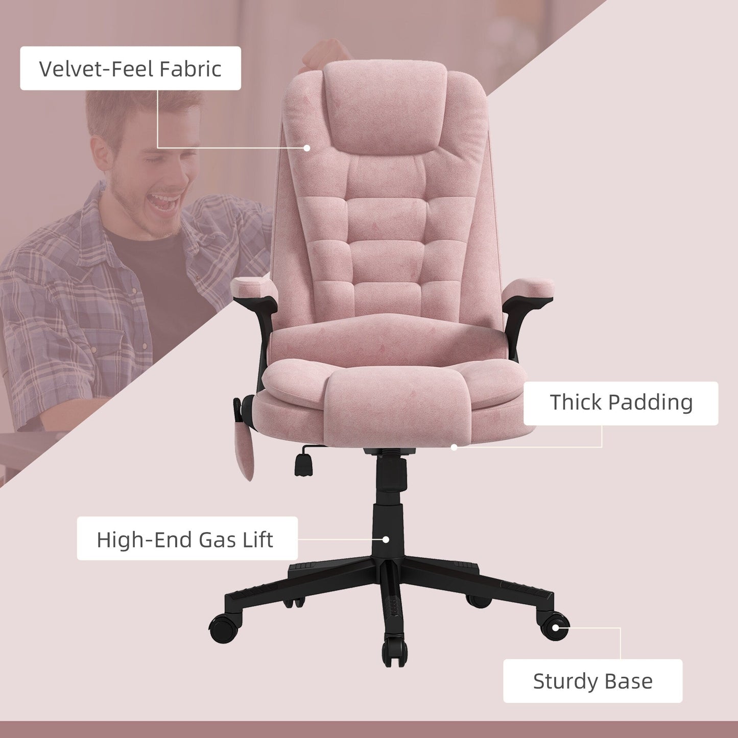 Fauteuil de bureau HOMCOM à 6 points de massage vibrant et chauffant, dossier haut en velours avec dossier inclinable