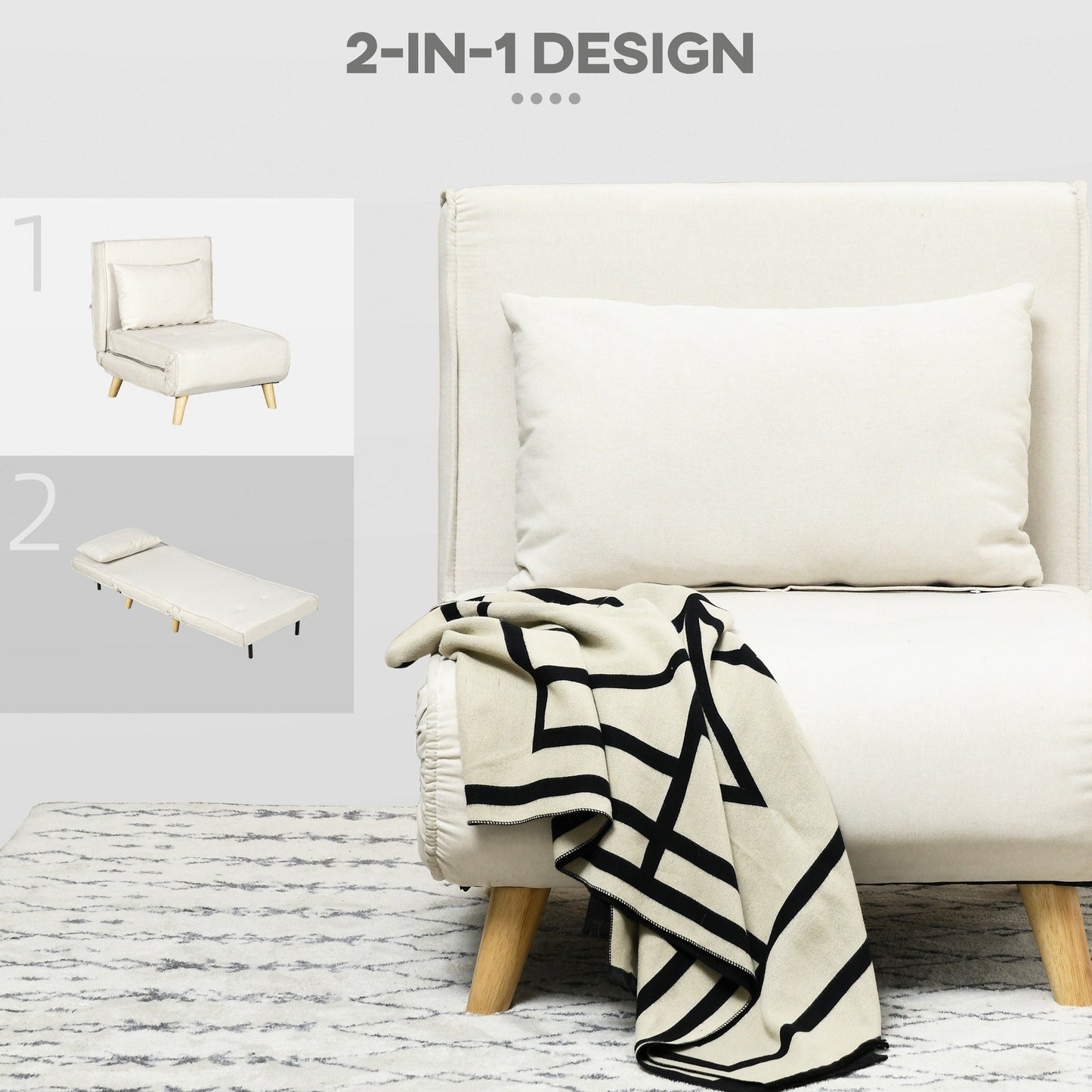 Fauteuil convertible HOMCOM, canapé-lit multifonctionnel 2 en 1, fauteuil-lit avec dossier réglable pour salon, beige