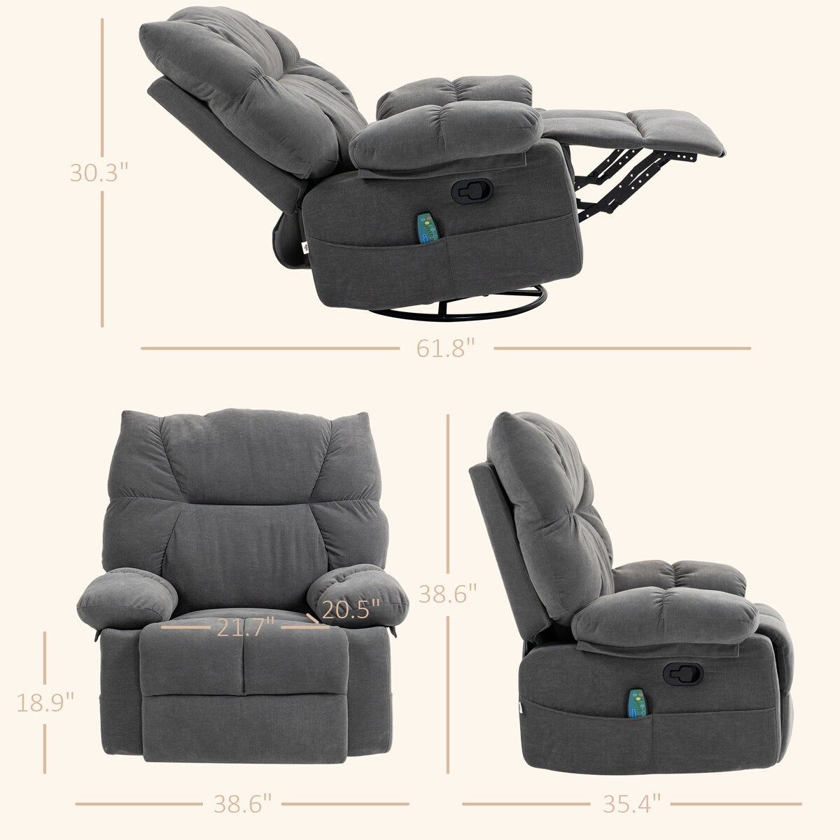 Fauteuil de massage vibrant et chauffant HOMCOM gris foncé, fauteuil à bascule pivotant surdimensionné, canapé simple