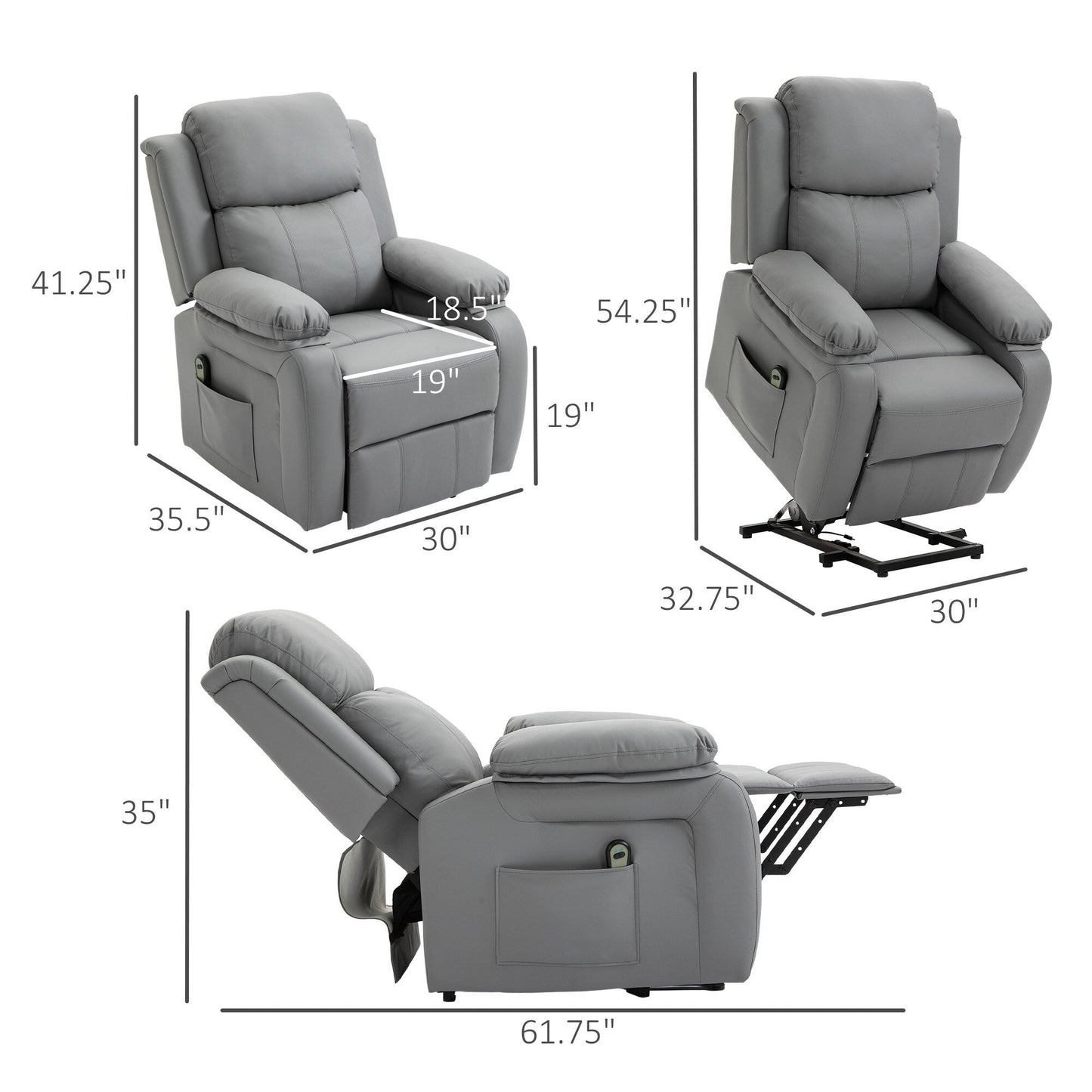Fauteuil releveur électrique de salon HOMCOM, fauteuil inclinable électrique en cuir PU pour personnes âgées avec télécommande
