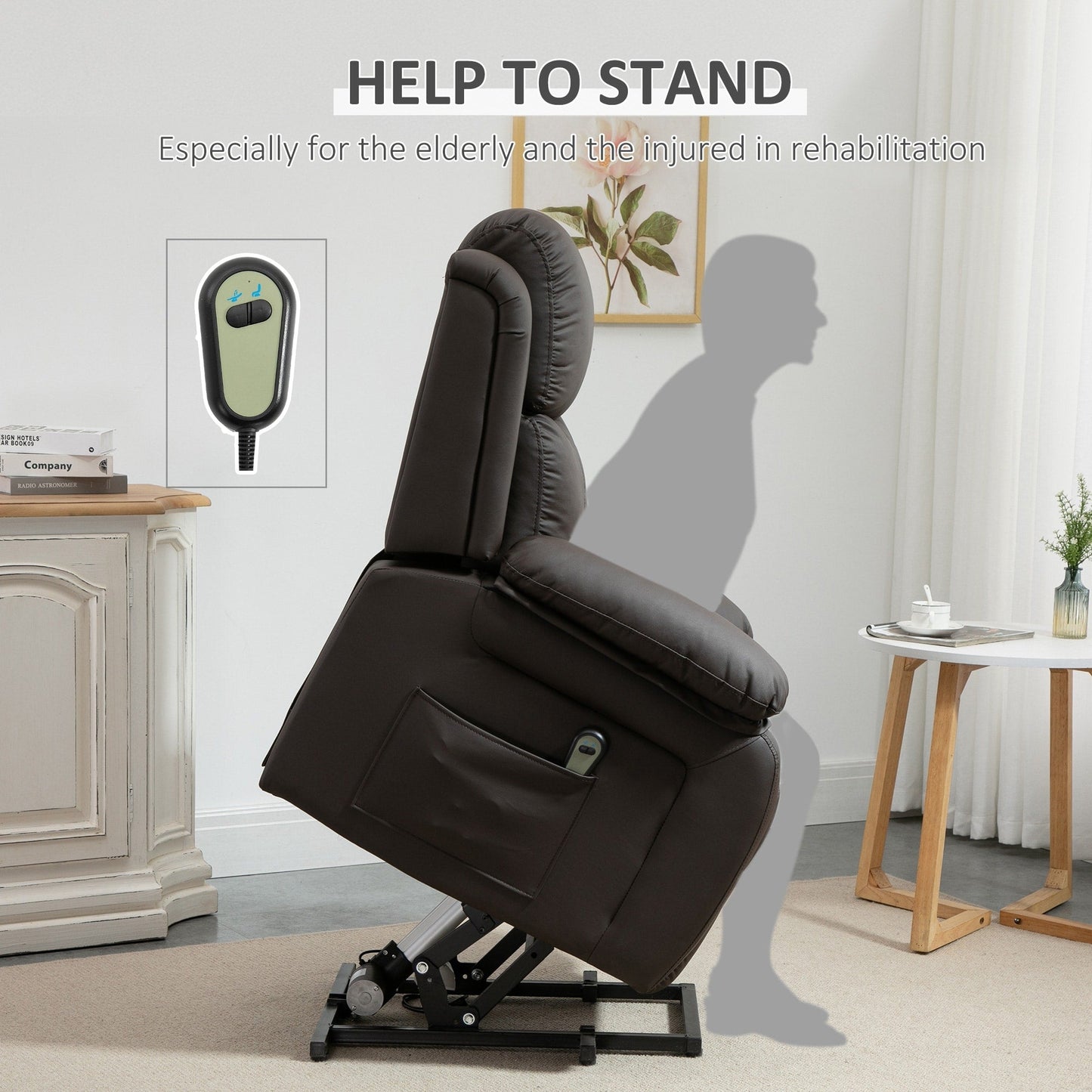 Fauteuil releveur électrique de salon HOMCOM, fauteuil inclinable électrique en cuir PU pour personnes âgées avec télécommande