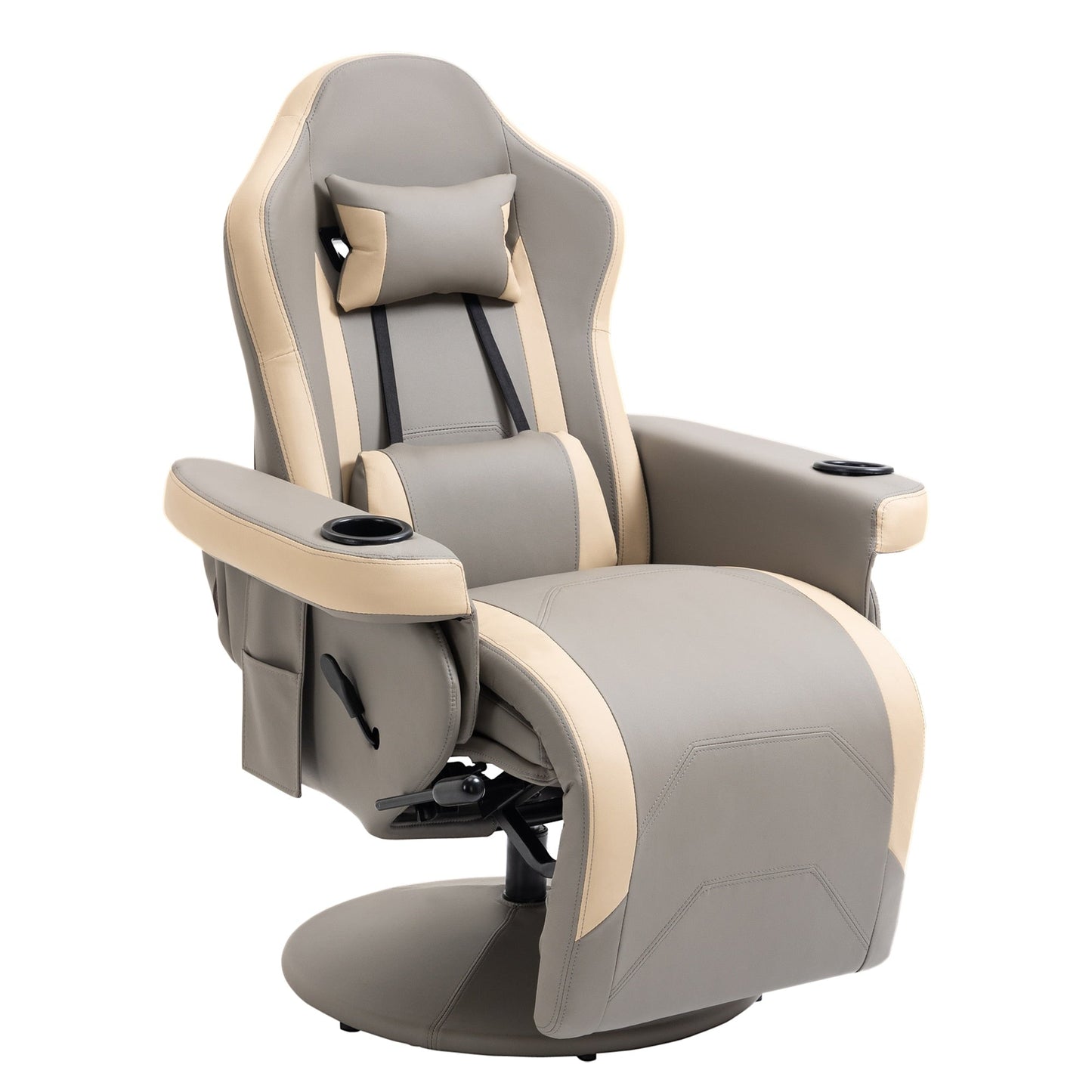 Fauteuil inclinable manuel HOMCOM en cuir synthétique avec repose-jambes réglable, inclinable à 135°, pivotant à 360° et porte-gobelet