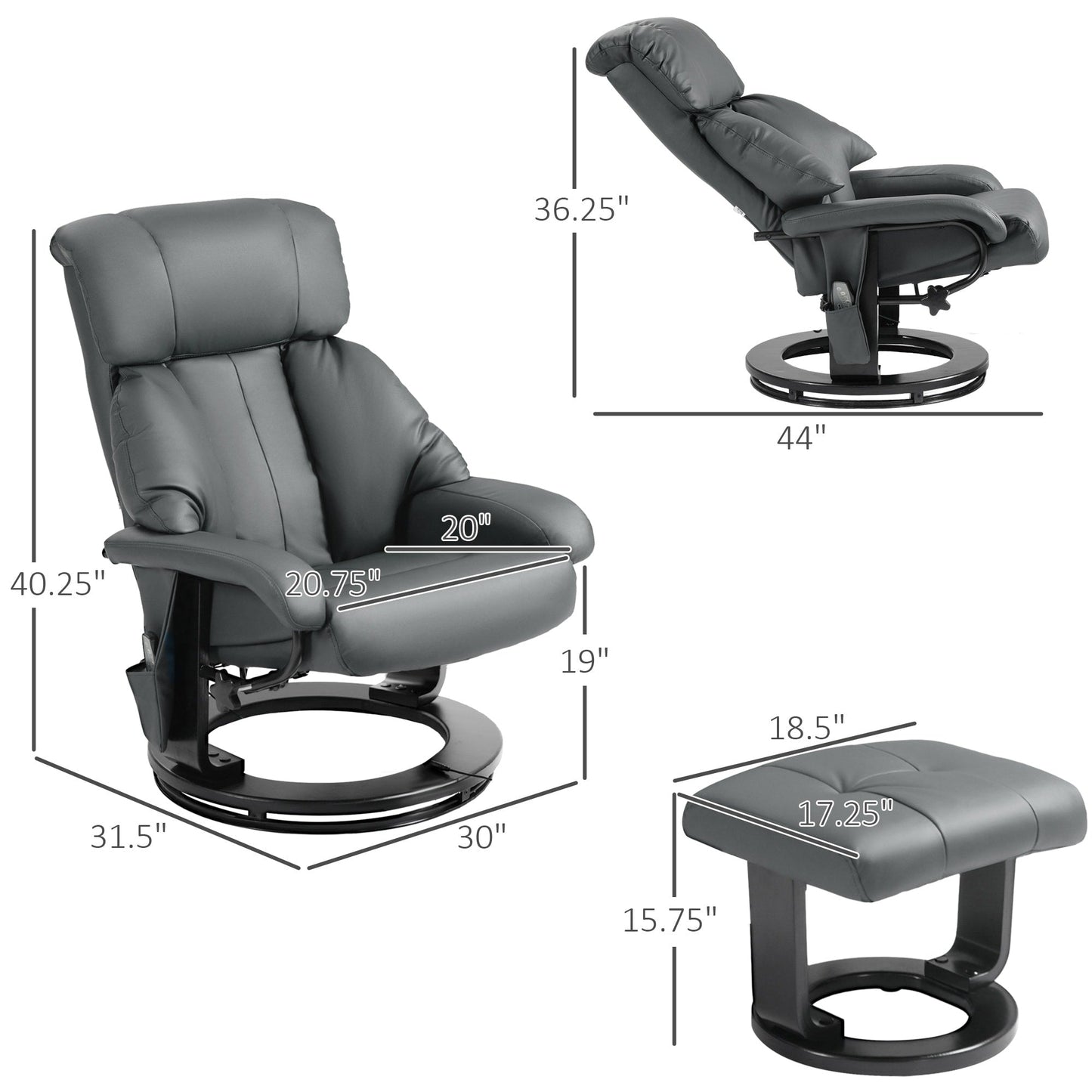 Fauteuil inclinable massant HOMCOM avec repose-pieds, pivotant à 360°, en similicuir, gris
